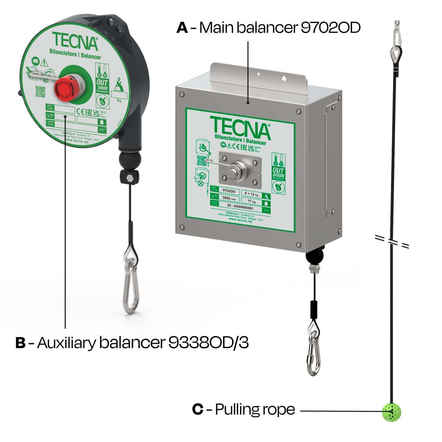 Composition du kit Tecna IB01320004 : équilibreur principal, équilibreur auxiliaire et corde de traction.